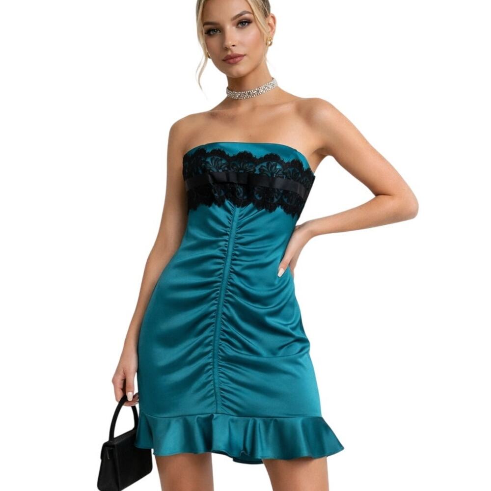 BCBGMAXAZRIA Teal Satin Lace Strapless Ruched Dress  4 Y2K Glam